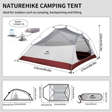 Cloud Up Pro 3 Person Ultralight Backpacking Tent - Naturexplore - Naturehike - CNK2350WS020 - Light grey 20D + Mat