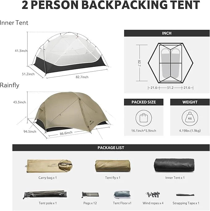 Naturehike Mongar UL 2 - Person Ultralight Backpacking Tent - Naturexplore - Naturehike - CNK2550WS016-S - Sand
